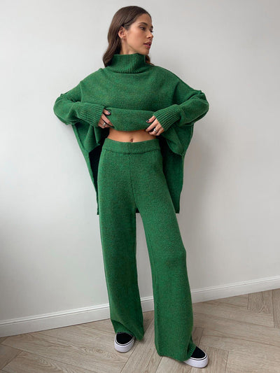 Plain Turtleneck Knit Pants Set