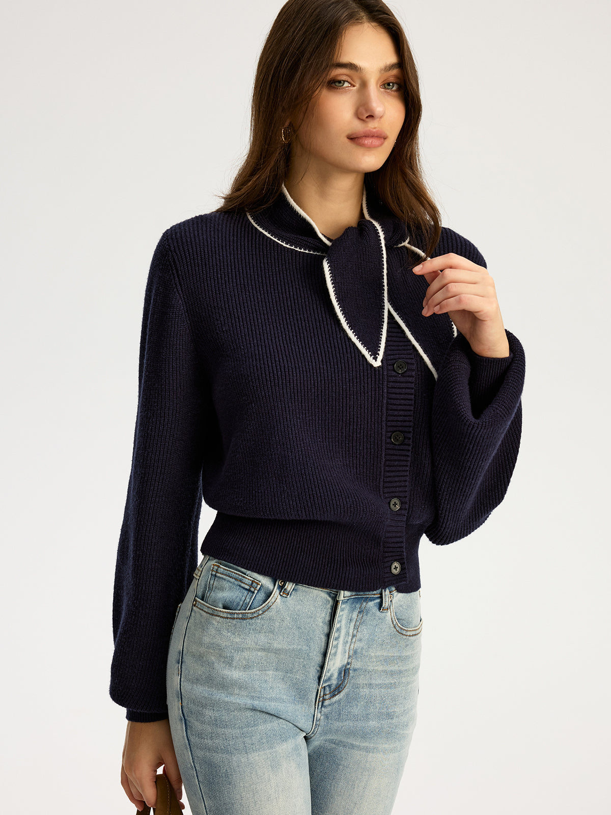 Tie Neck Button Knit Top
