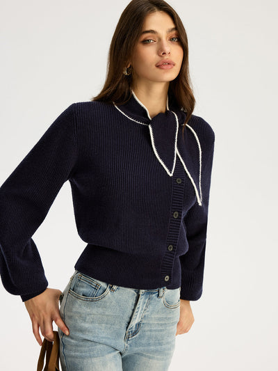 Tie Neck Button Knit Top