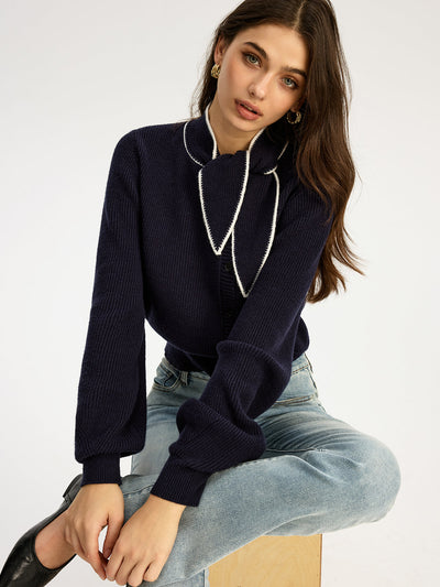 Tie Neck Button Knit Top