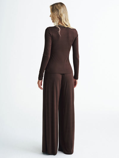 Metal Detail Top and Wide-Leg Pants Set