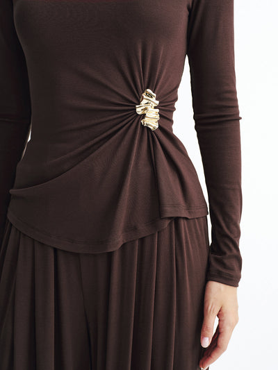 Metal Detail Top and Wide-Leg Pants Set