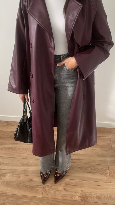 Cassy Maxi Trench Coat in Faux Leather