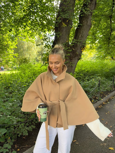 Gianna Elegant High Neck Belted Cape Coat