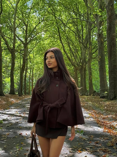 Gianna Elegant High Neck Belted Cape Coat