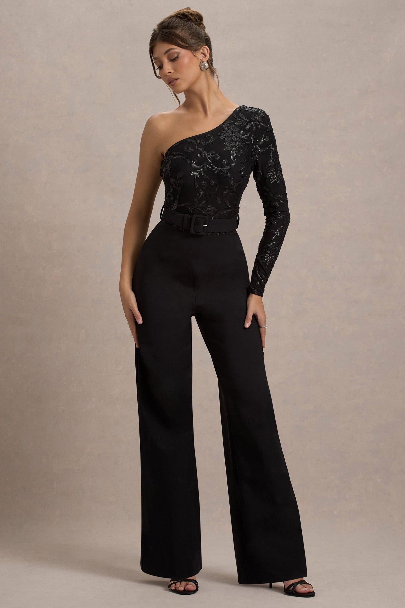 Upgrade | Black Lace Asymmetric Belted Wide-Leg Jumpsuit
