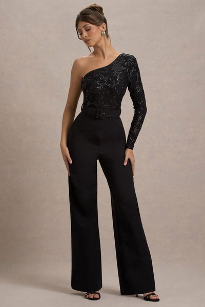 Upgrade | Black Lace Asymmetric Belted Wide-Leg Jumpsuit