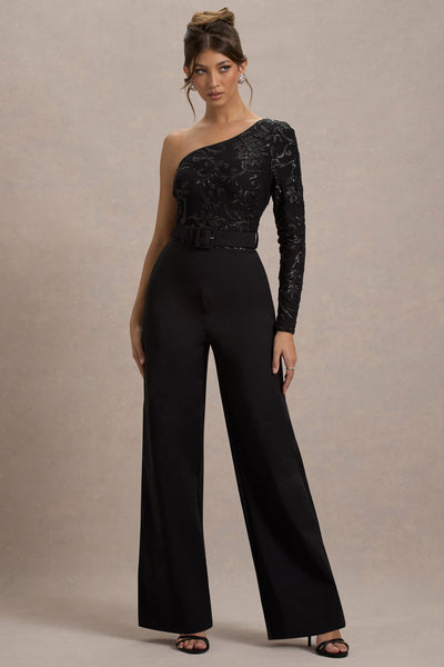 Upgrade | Black Lace Asymmetric Belted Wide-Leg Jumpsuit