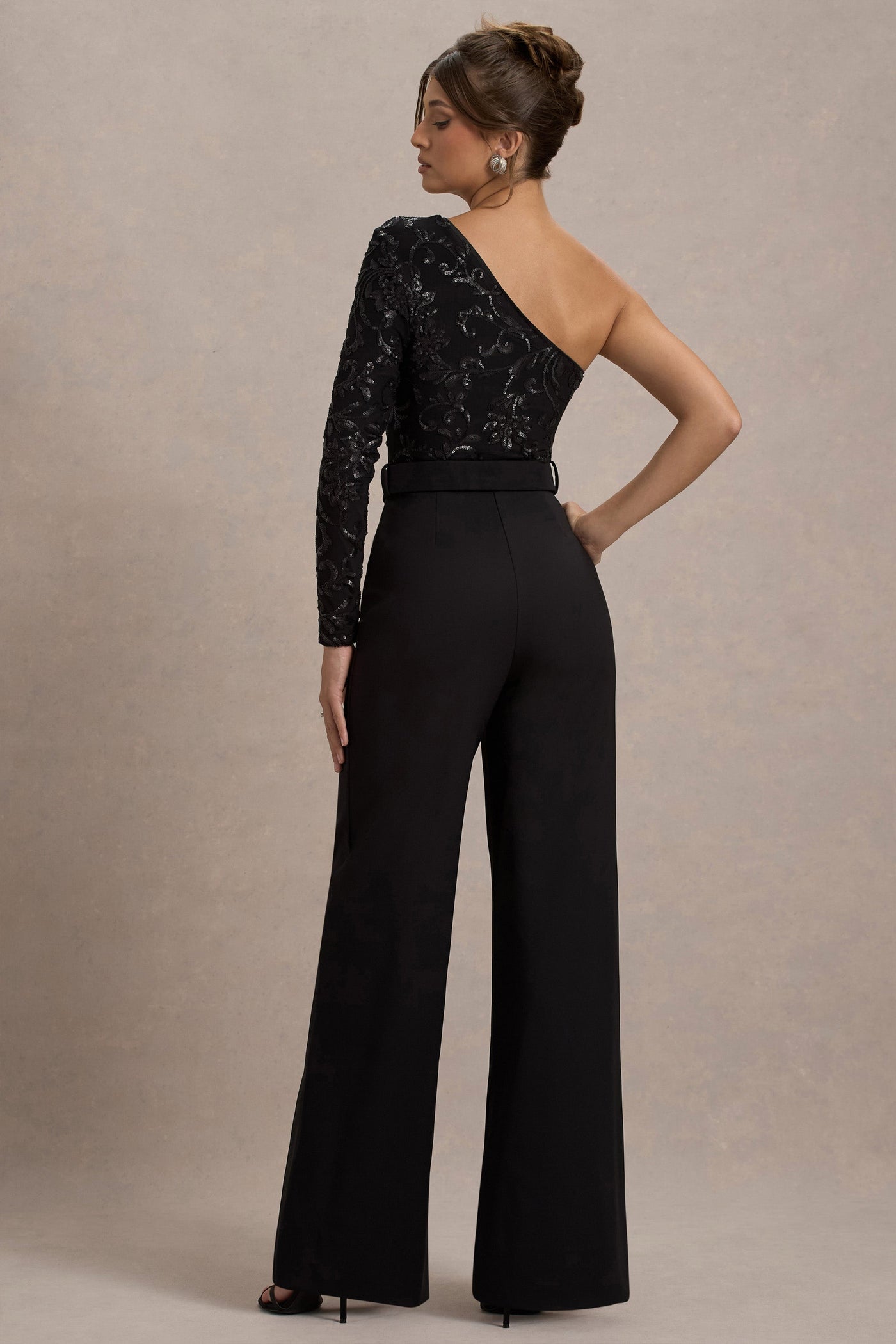 Upgrade | Black Lace Asymmetric Belted Wide-Leg Jumpsuit