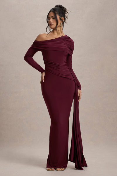 Valina | Burgundy Ruched Asymmetric Maxi Dress With Drape