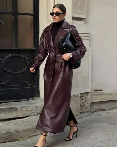 Cassy Maxi Trench Coat in Faux Leather