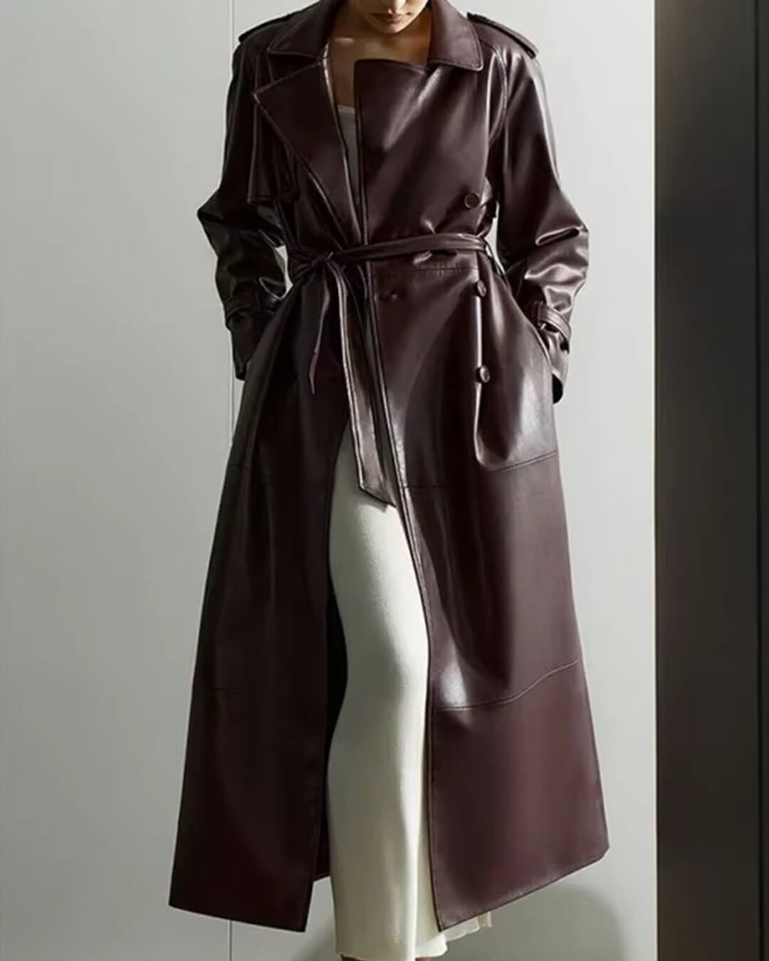 Cassy Maxi Trench Coat in Faux Leather