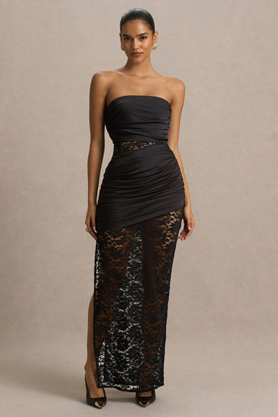 Dulcie | Black Lace And Satin Bandeau Midaxi Dress With Wrap-Details