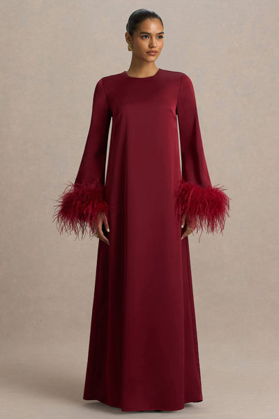 Adella | Burgundy Satin Feather-Trim Maxi Dress