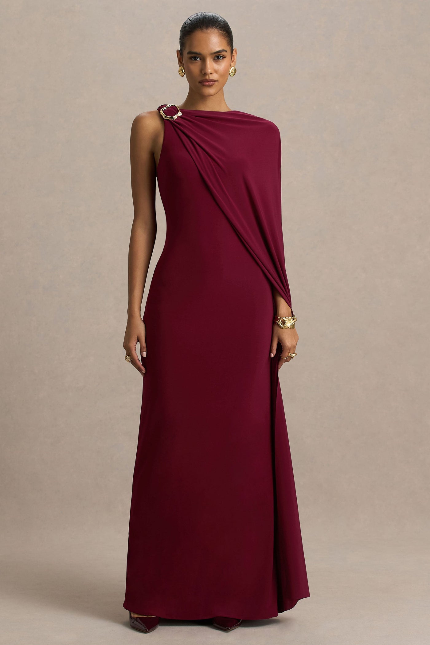 Cressida | Burgundy Asymmetric-Neck Maxi Dress With Cape And Gold Detail