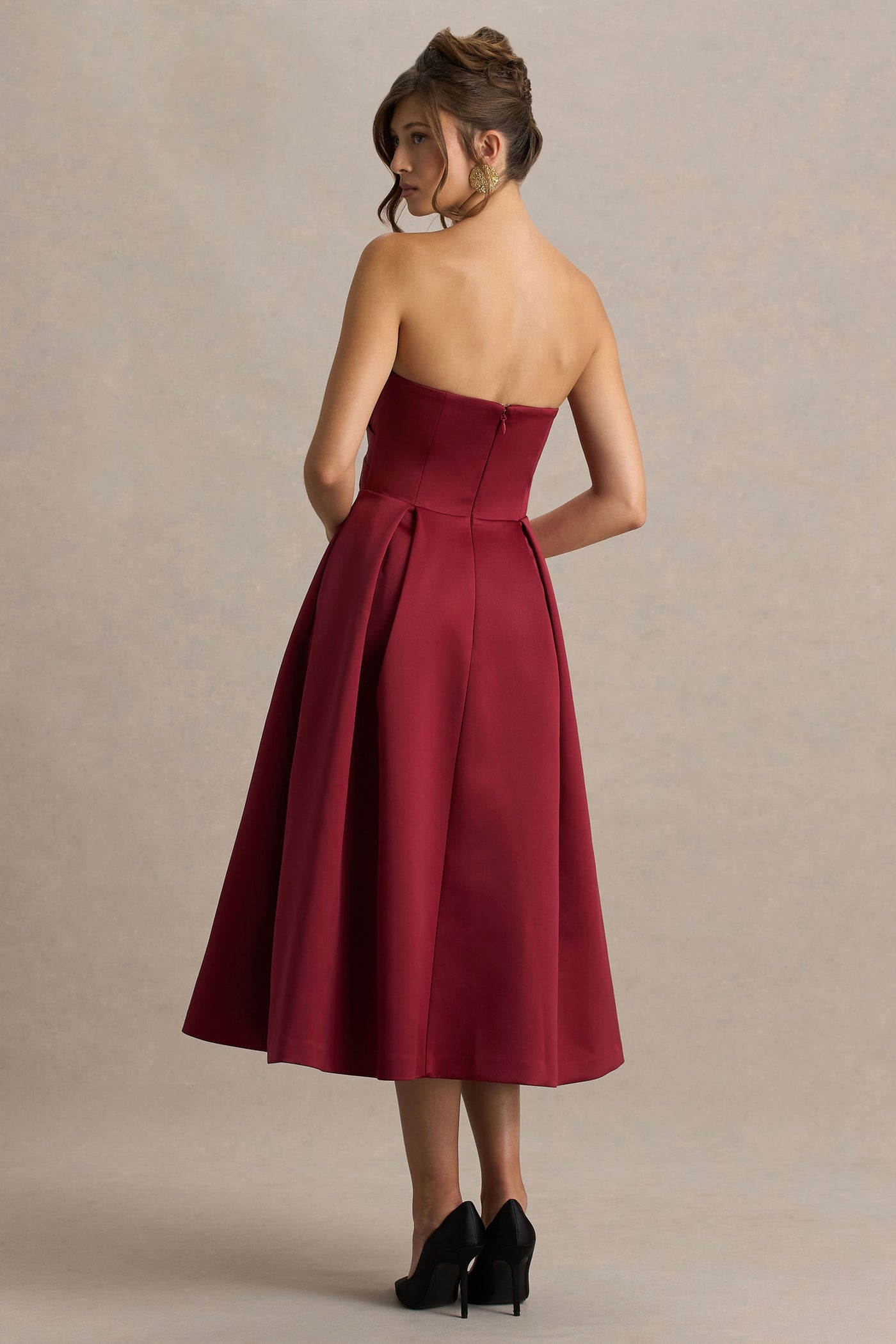 Promises | Burgundy Satin Sweetheart-Neck Midi Dress