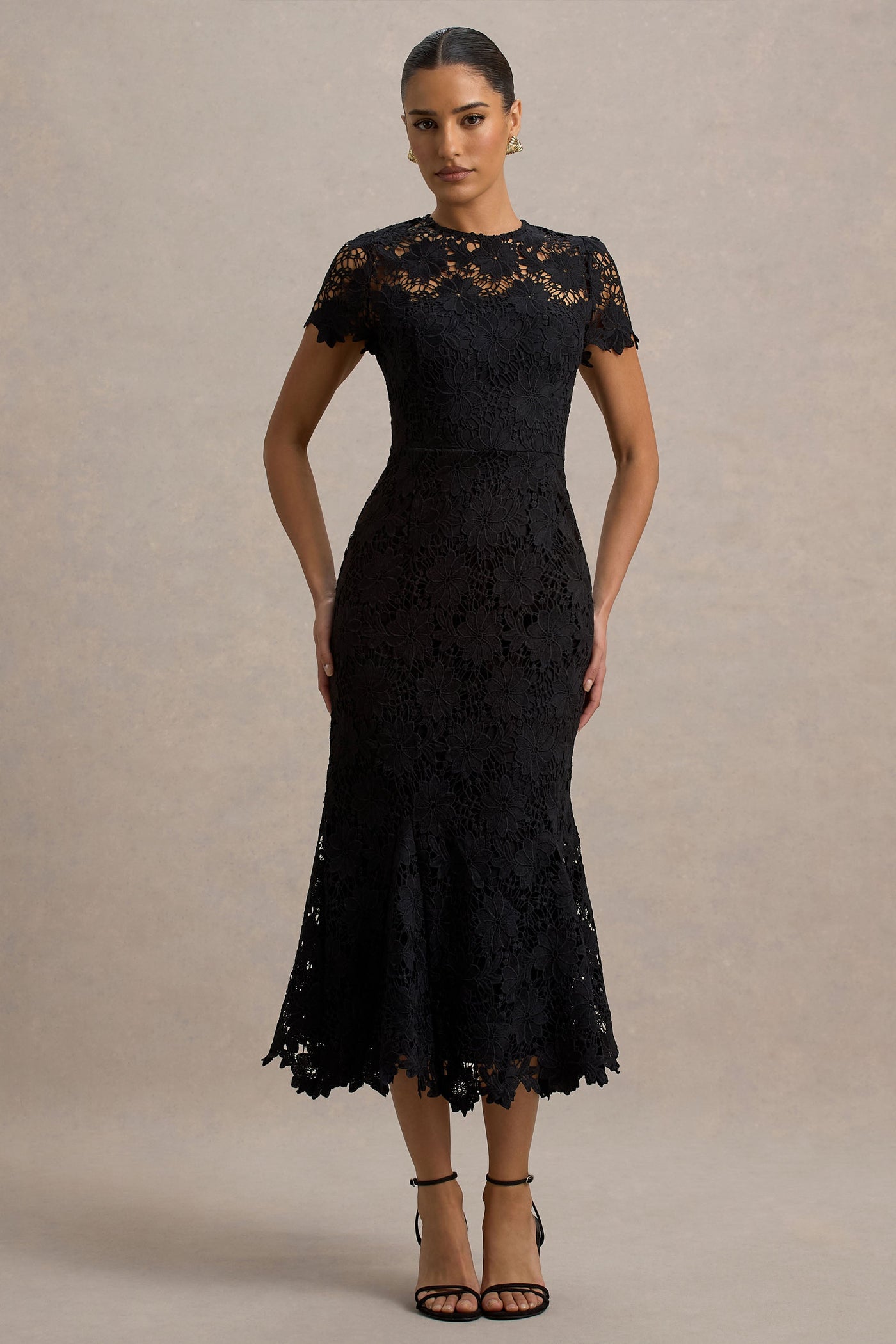 Clarissa | Black Lace Short-Sleeve Pleated Midi Dress
