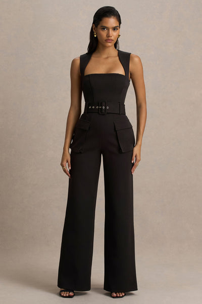 Solice | Black Square-Neck Tailored Jumpsuit
