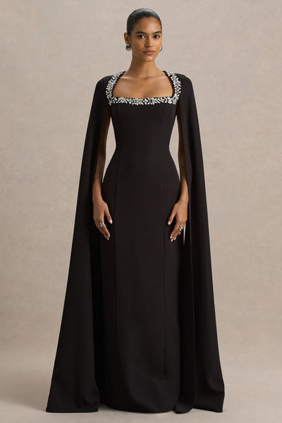Glossy | Black Woven Square-Neck Maxi Dress With Cape Sleeves and Hand-Embellished Detail