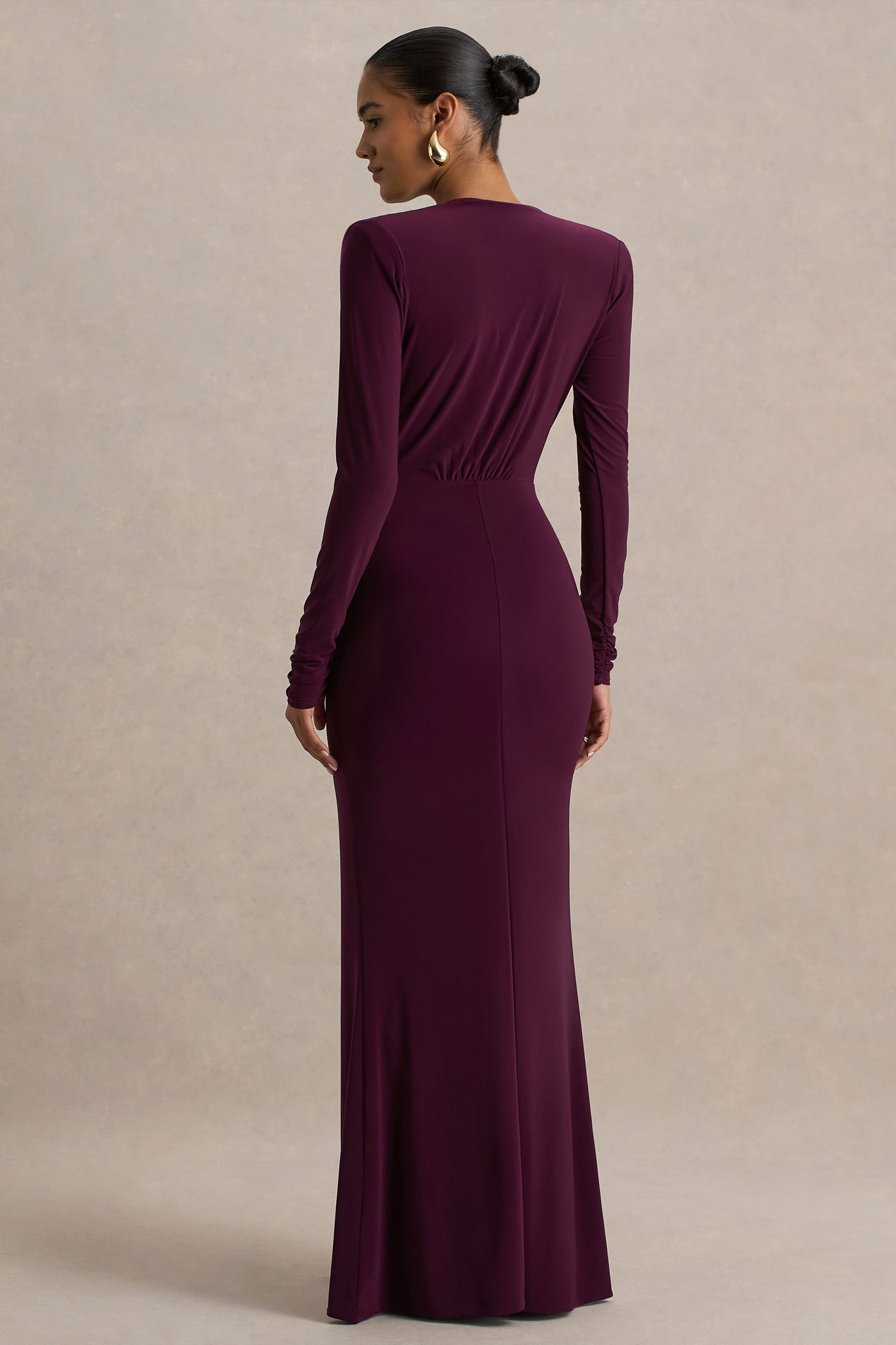 Flashy | Burgundy Plunge-Neck Maxi Dress With Ruched Detailing