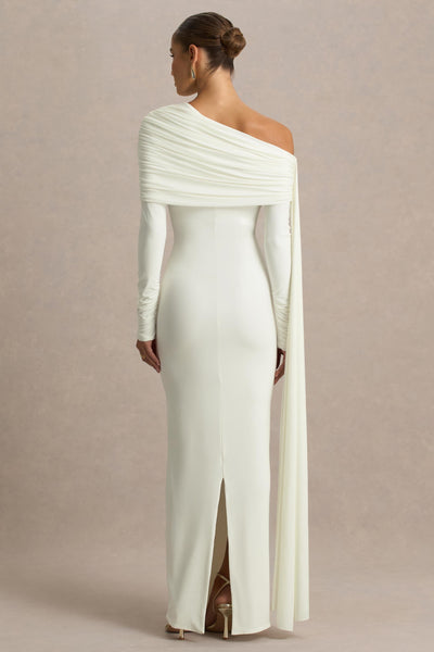Octavia | Cream Bardot-Neck Maxi Dress With Sash And Ruched Detailing