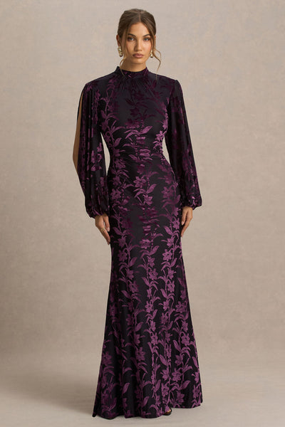 Janet | Black And Burgundy Devore High-Neck Maxi Dress With Cut-Out Details