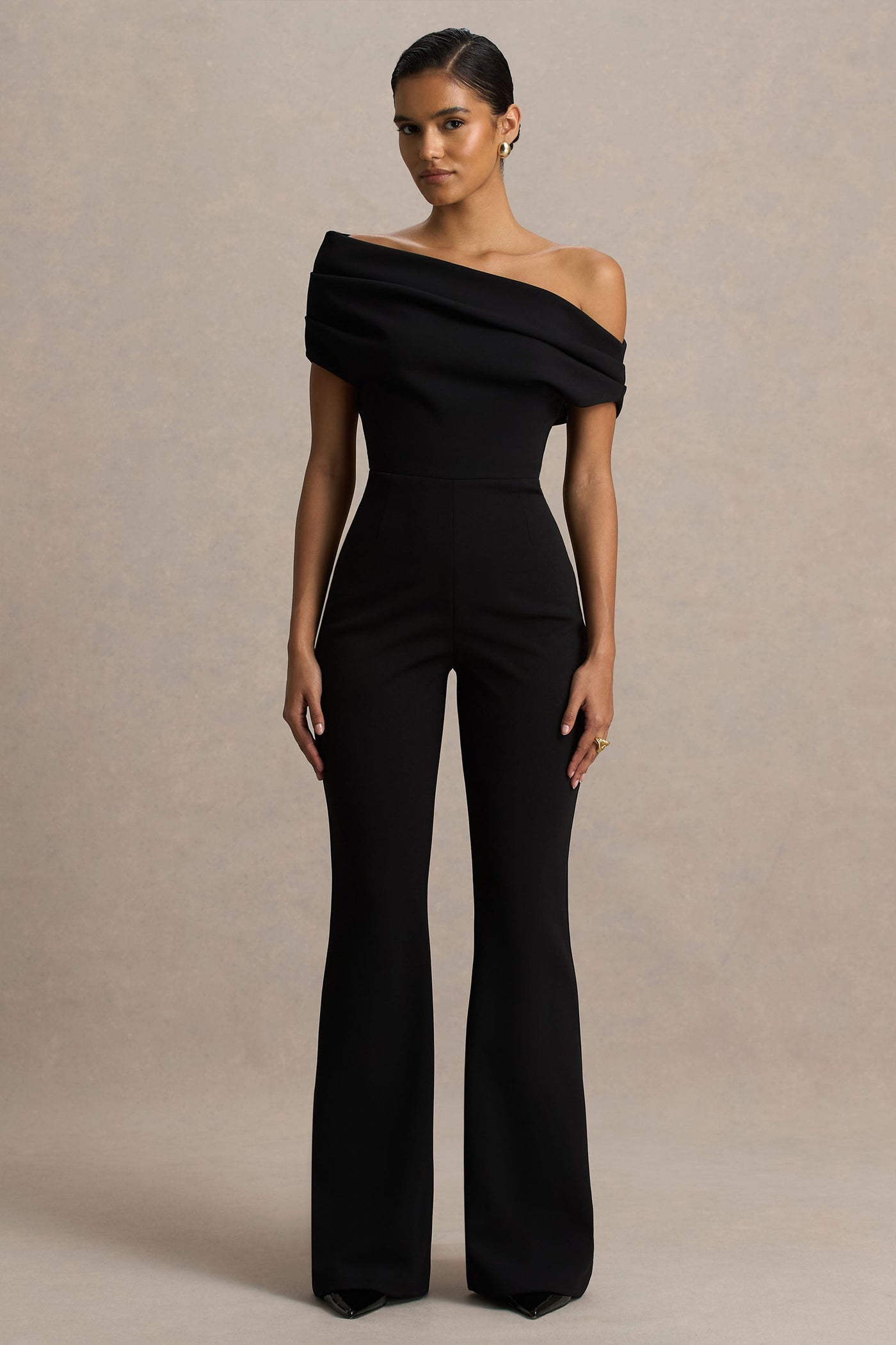 Alexandra | Black Asymmetric-Neck Draped Jumpsuit