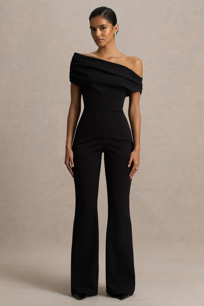 Alexandra | Black Asymmetric-Neck Draped Jumpsuit