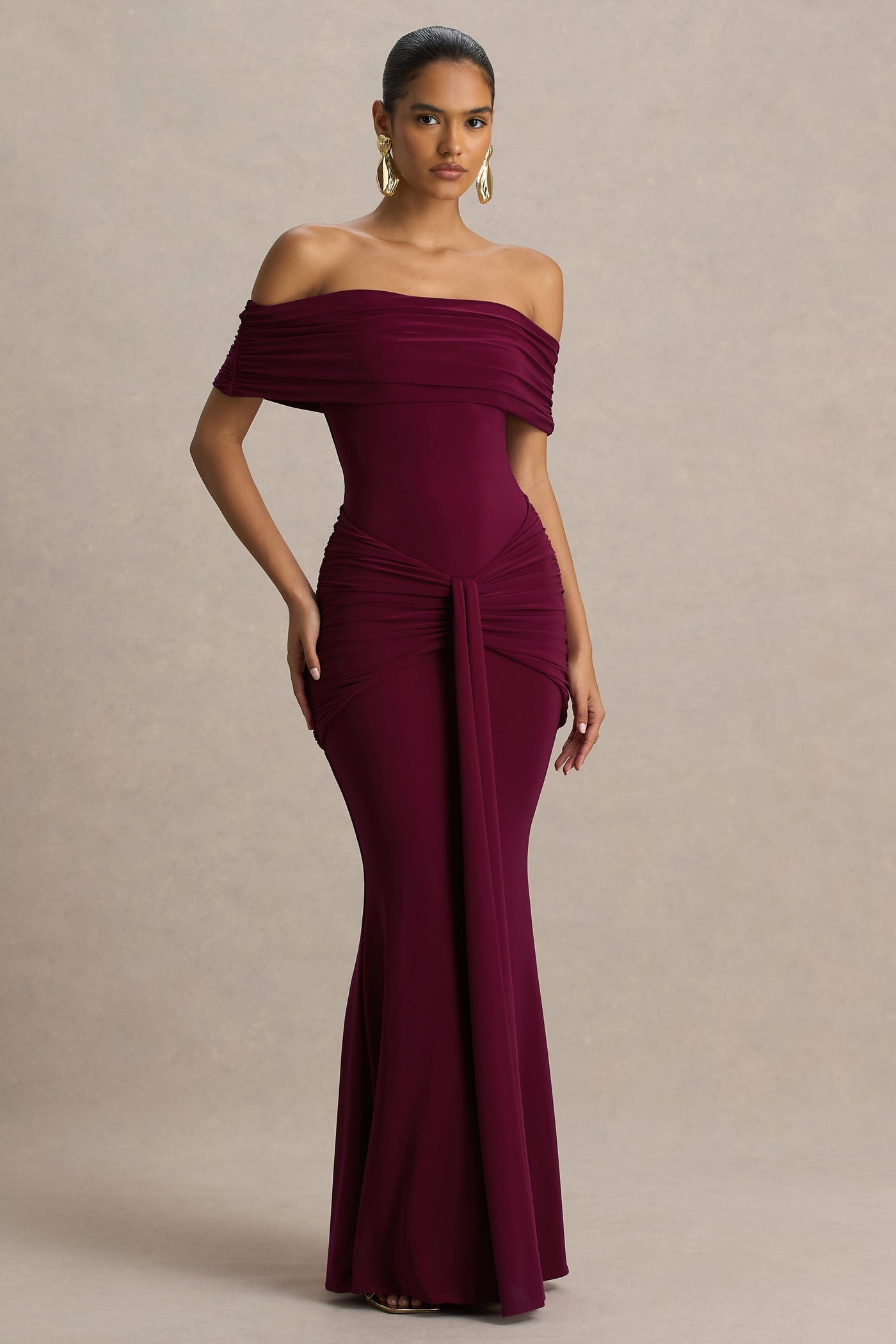 Envisioned | Burgundy Bardot-Neck Maxi Dress With Gathered And Drape Detail