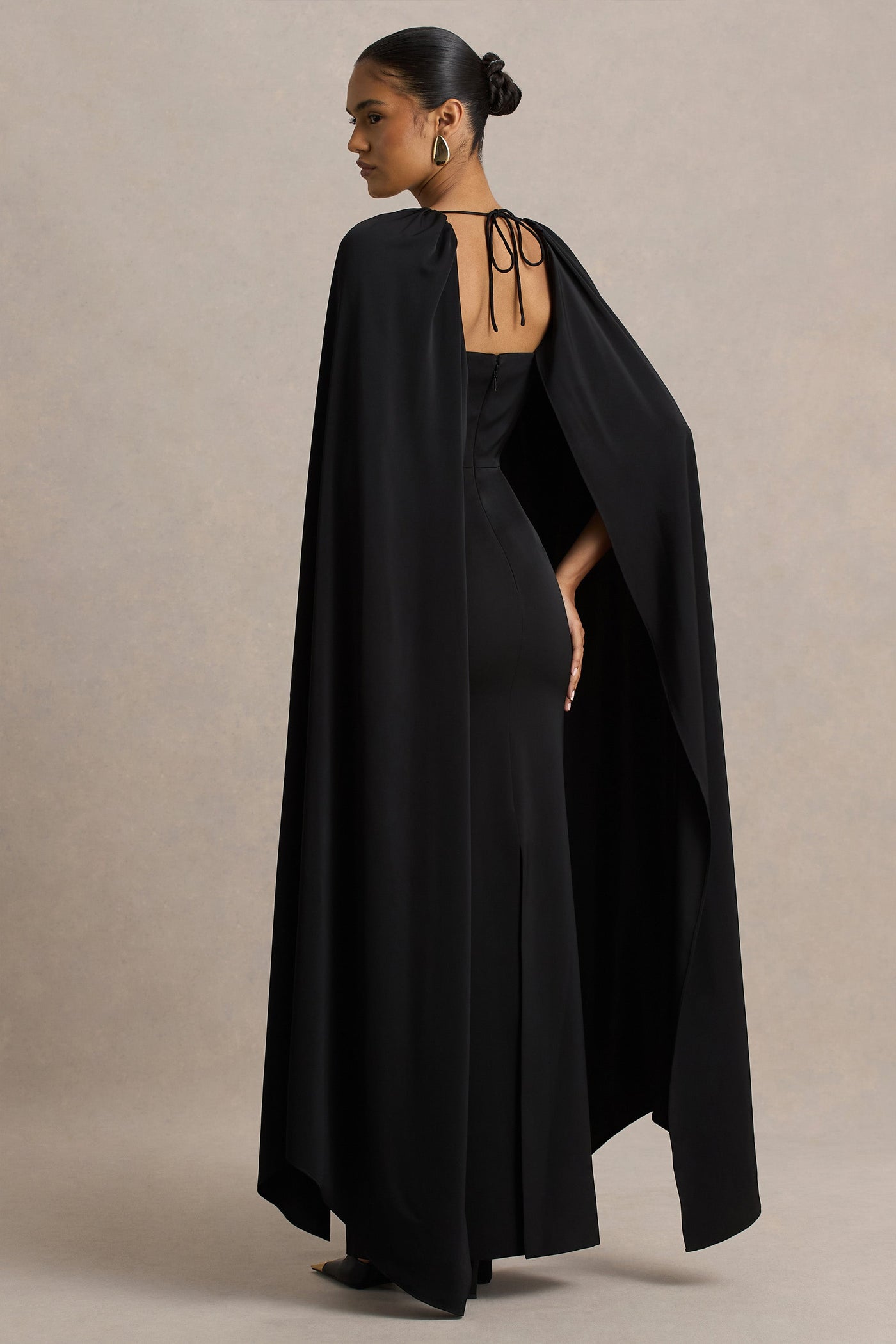 Wren | Black Satin Sweetheart-Neck Maxi Dress With Cape Sleeves