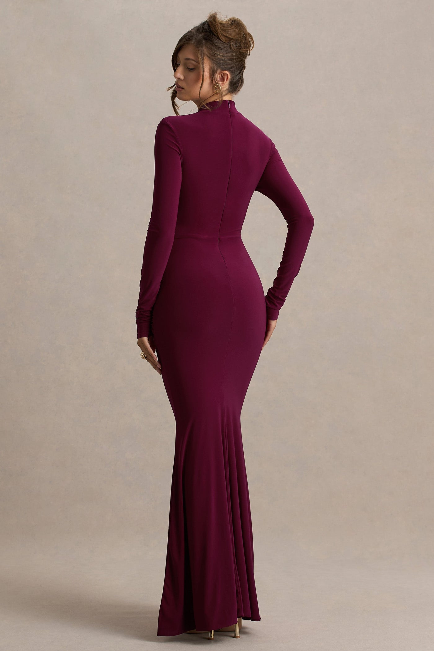 Pietra | Berry High-Neck Long Sleeve Knot Maxi Dress