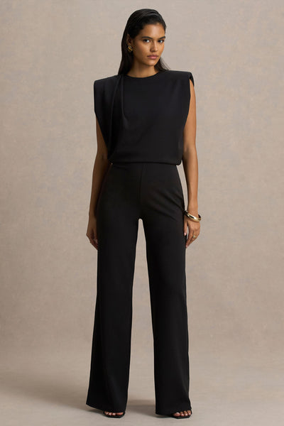 Tiff | Black Crew-Neck Jumpsuit With Draped Detailing