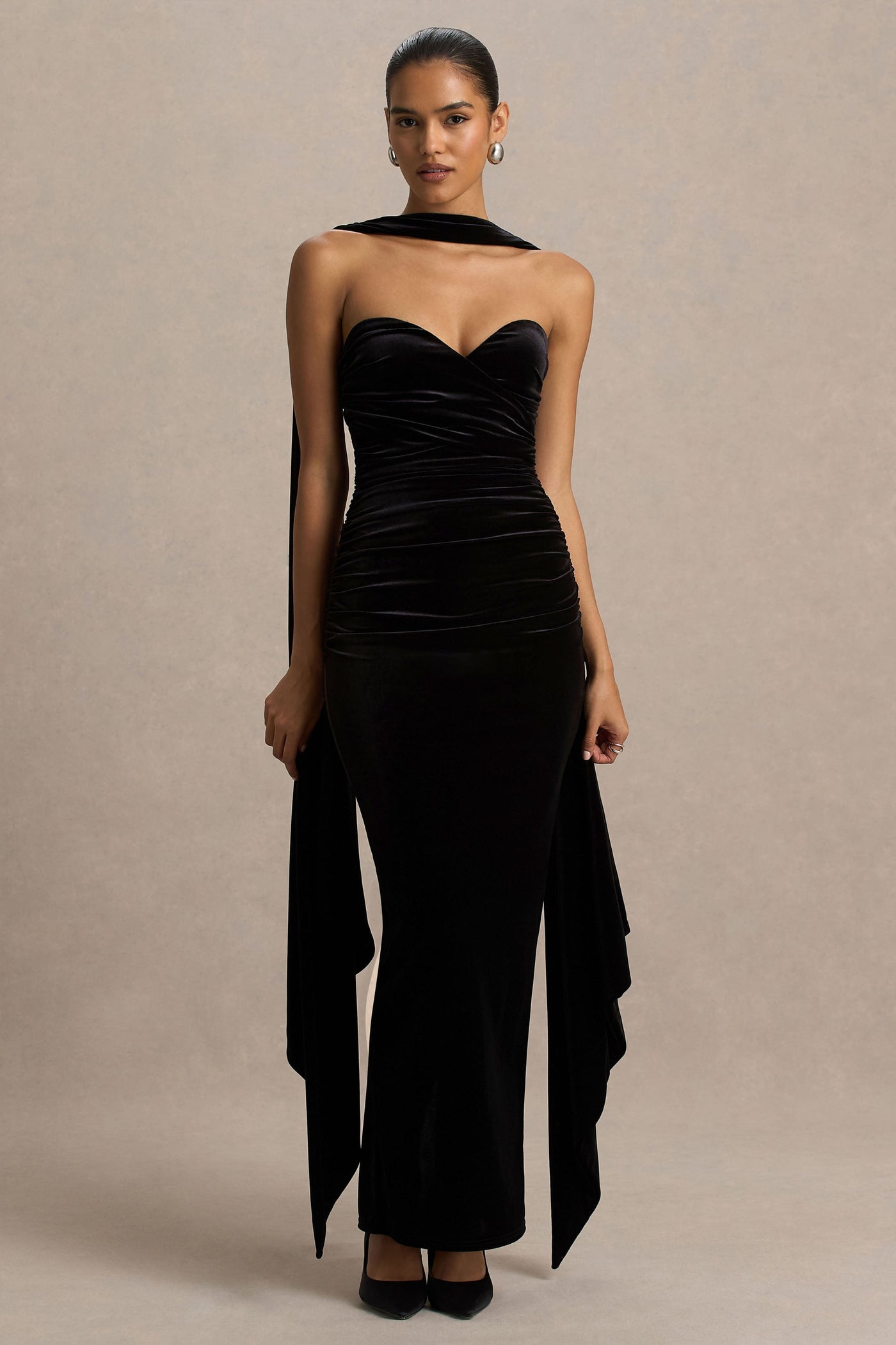 Paloma | Black Velvet Bandeau Maxi Dress With Scarf