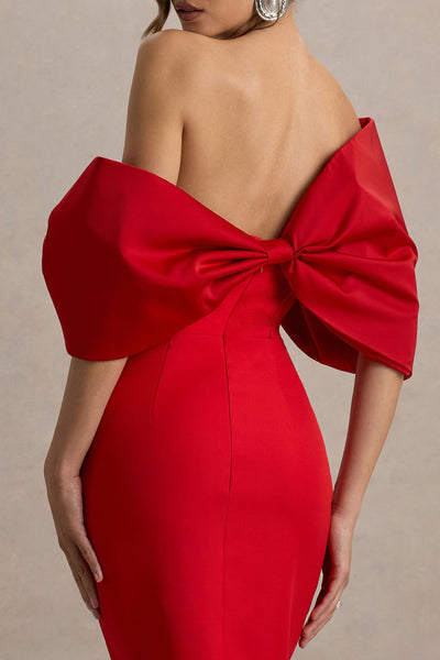 Lucille | Red Asymmetric Bardot Midi Dress With Bow Detail