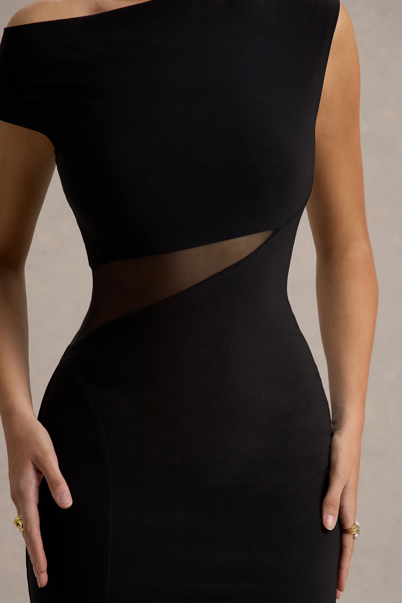 Emily | Black Asymmetric Split Maxi Dress With Mesh Detailing