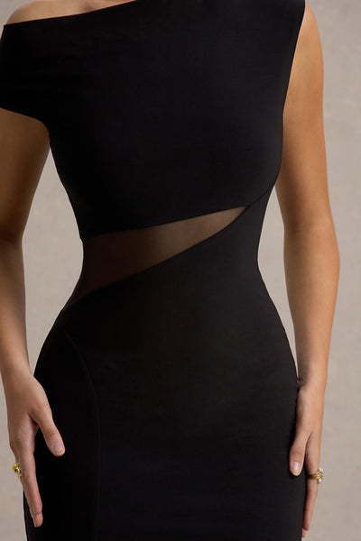 Emily | Black Asymmetric Split Maxi Dress With Mesh Detailing