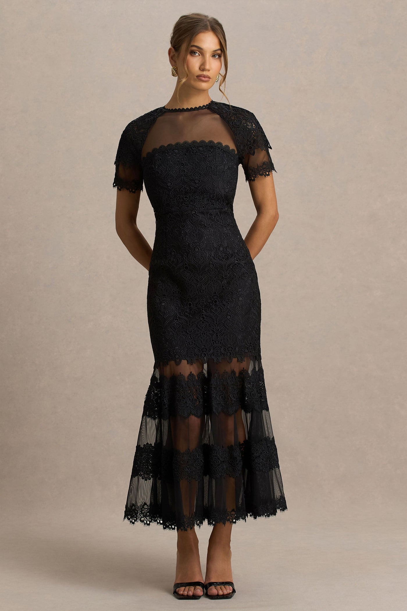 Leanne | Black Mesh And Lace Crew-Neck Fishtail Midi Dress