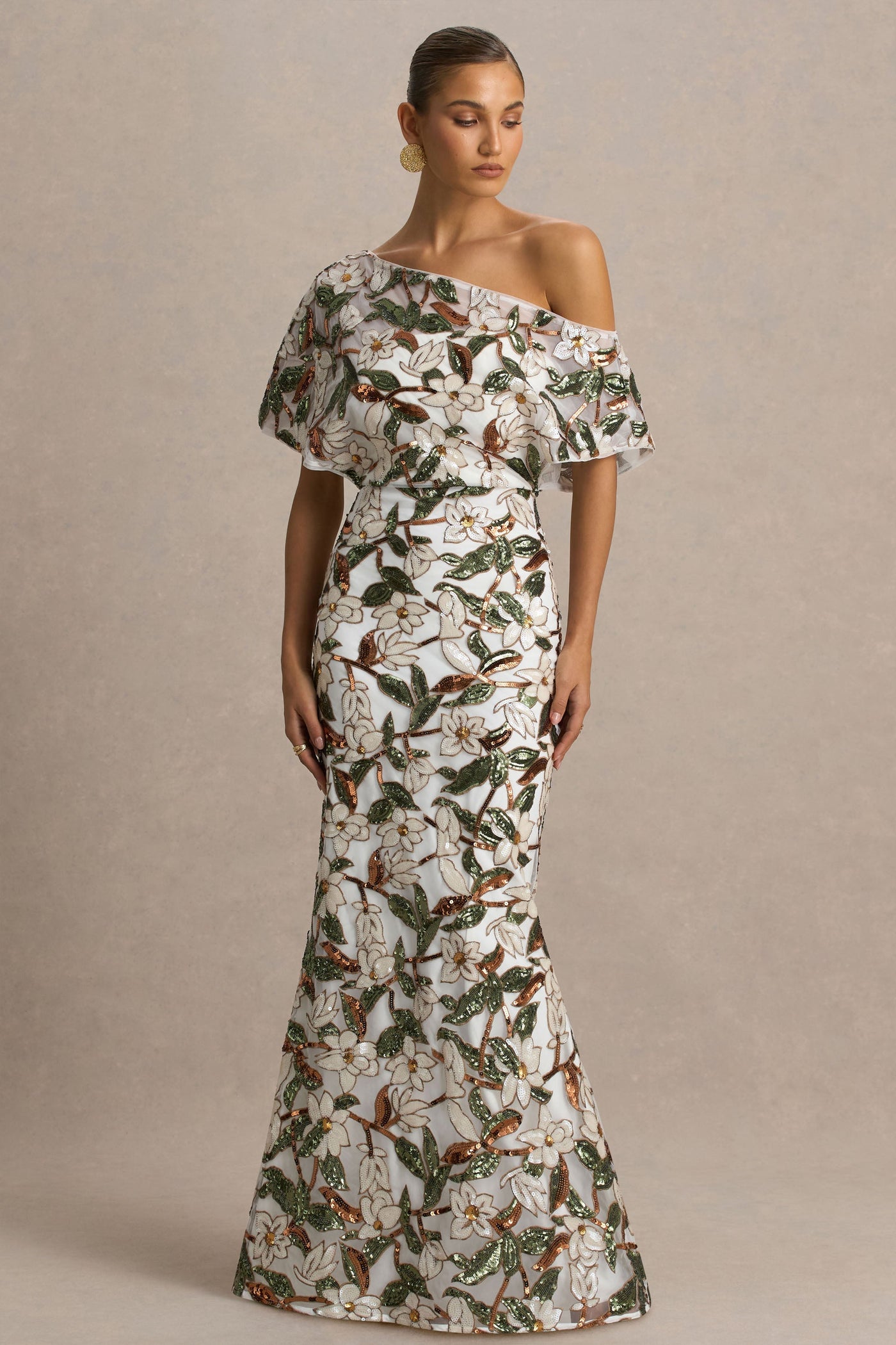 Iony | White And Green Embellished Sequin Floral And Mesh Asymmetric-Neck Maxi Dress