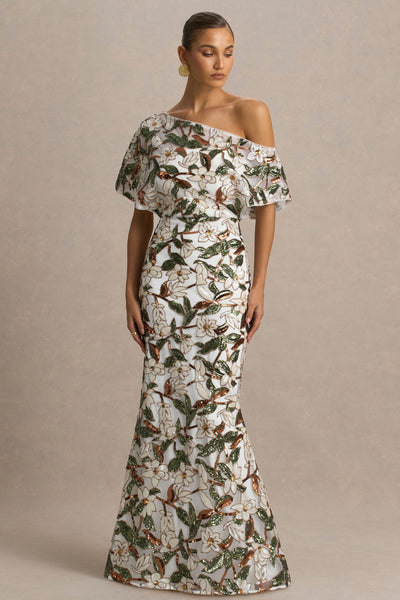 Iony | White And Green Embellished Sequin Floral And Mesh Asymmetric-Neck Maxi Dress