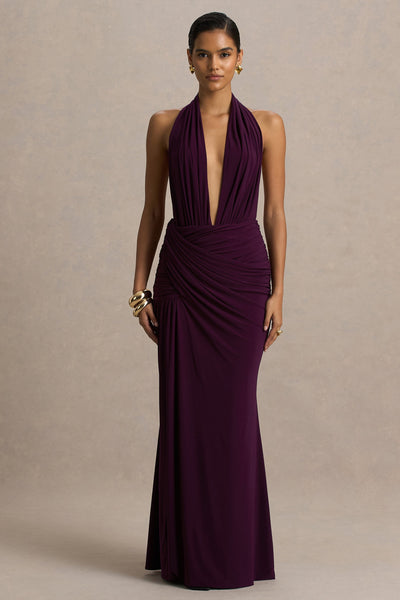 Tilly | Burgundy Extreme-Plunge Neck Maxi Dress With Wrap And Ruched Details