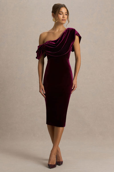 High End | Burgundy Velvet Asymmetric-Neck Midi Dress With Draped Detailing