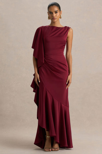 Rosy | Burgundy Satin Boat-Neck Maxi Dress With Front Split And Ruffled Detailing