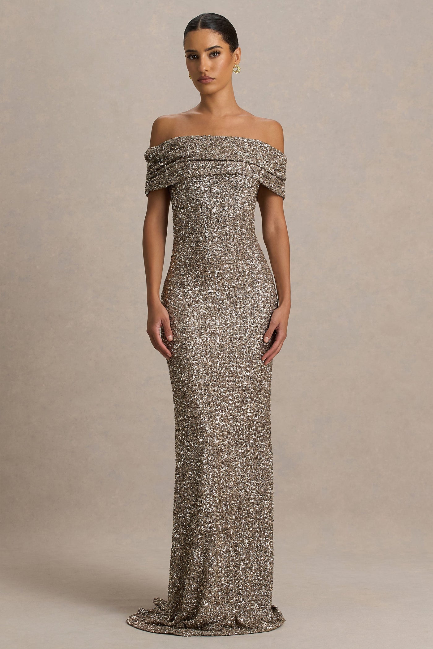 Melina | Champagne Sequin Bardot-Neck Maxi Dress