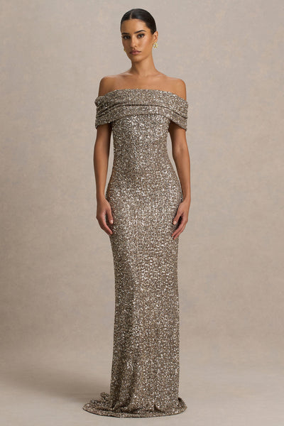 Melina | Champagne Sequin Bardot-Neck Maxi Dress