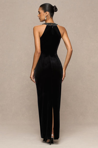 Darya | Black Velvet Embellished High-Neck Maxi Dress