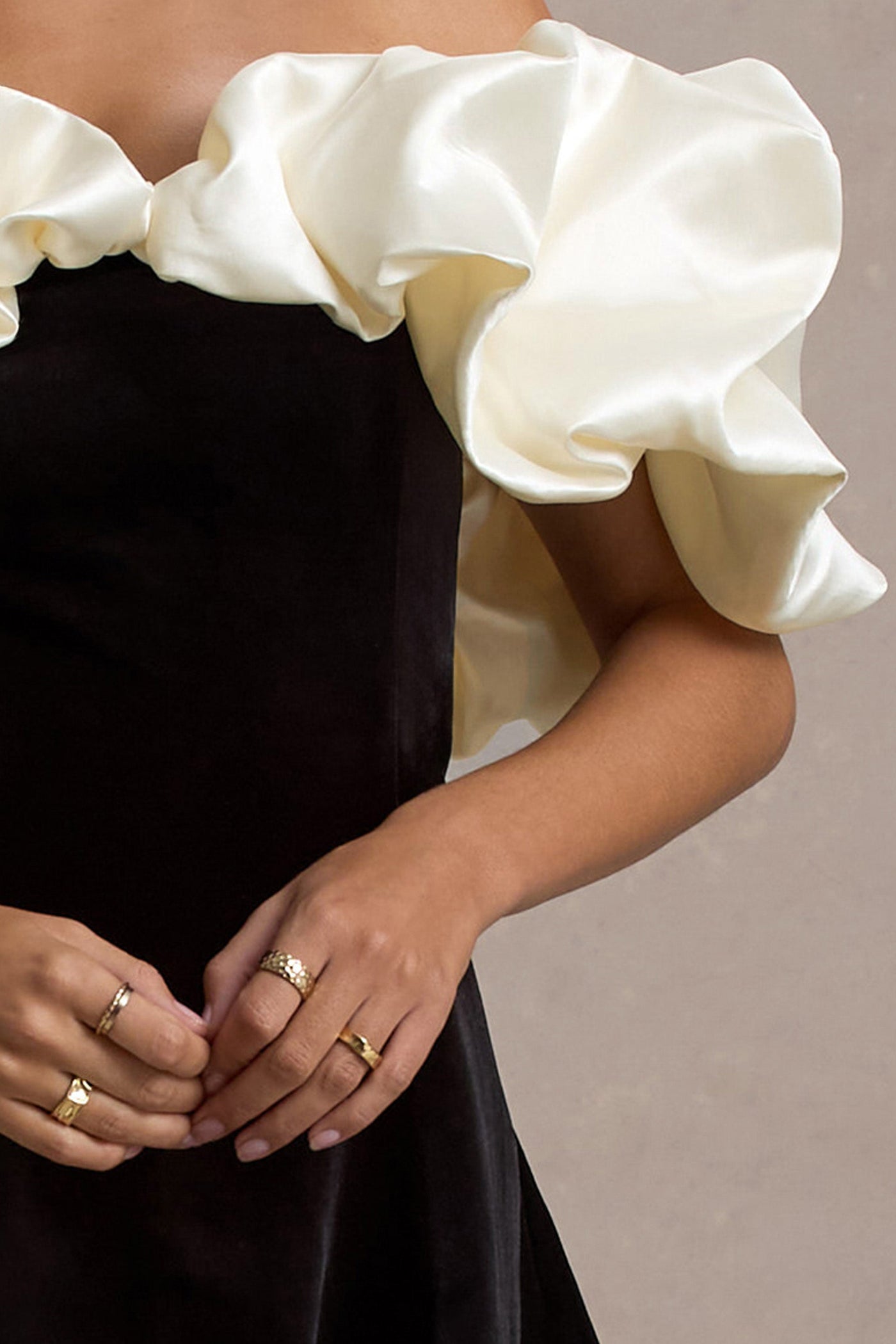 Brynne | Black & Cream Velvet Mini Dress With Satin Puff Sleeves