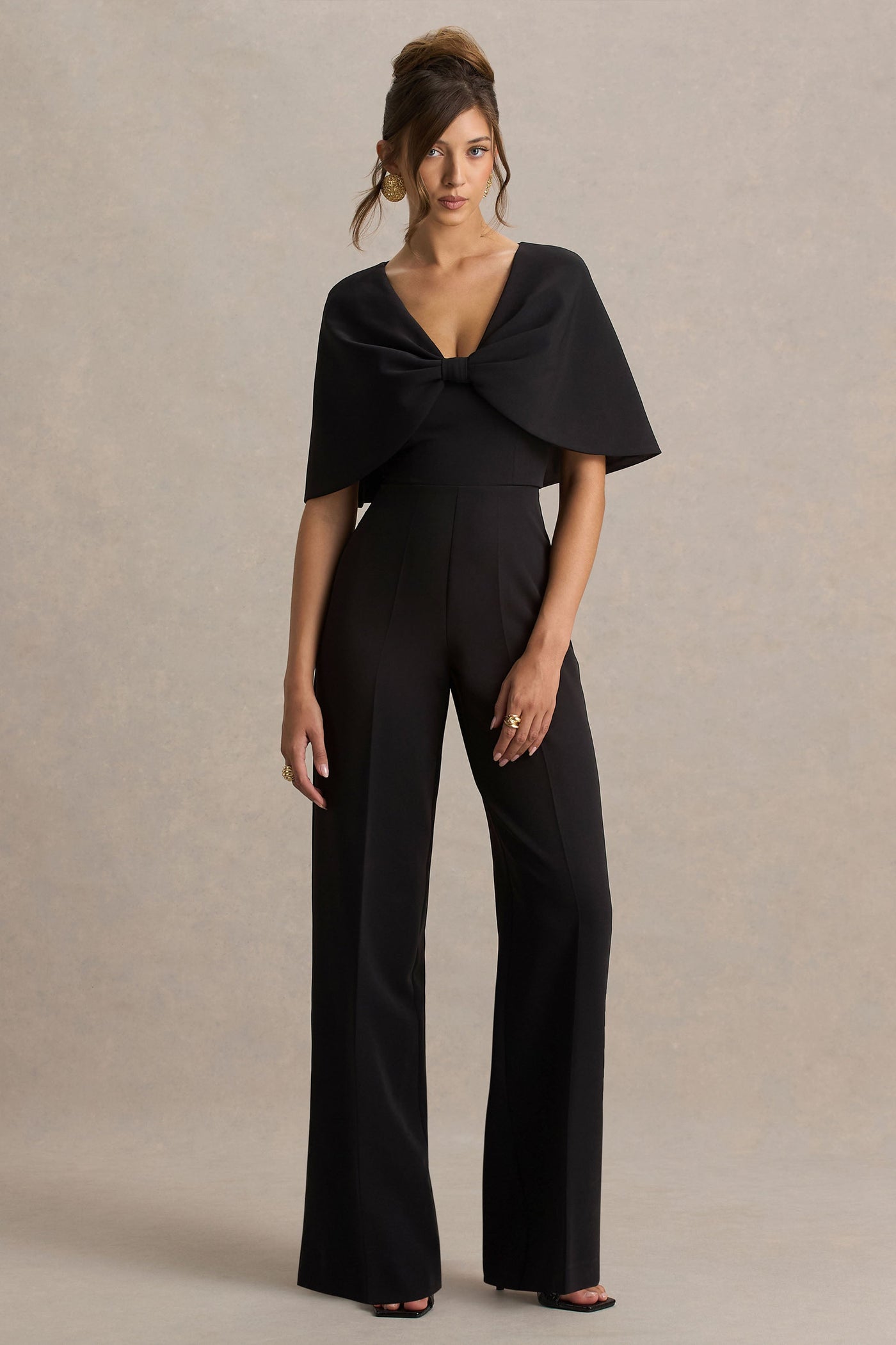 Vivid | Black Plunge-Neck Jumpsuit With Bow-Detail