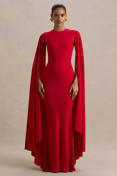 Briony | Red Crew-Neck Maxi Dress With Cape Sleeves