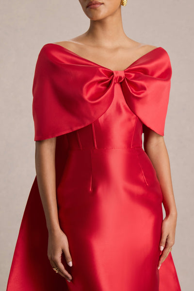 Wanting More | Red Satin Cape Maxi Dress With Oversized Bow