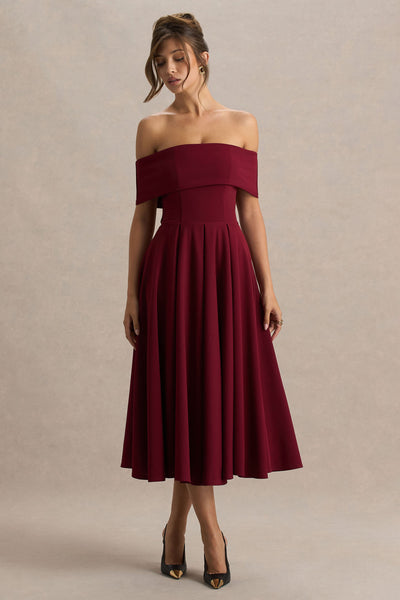 Isabella | Burgundy Bardot-Neck Midi Dress